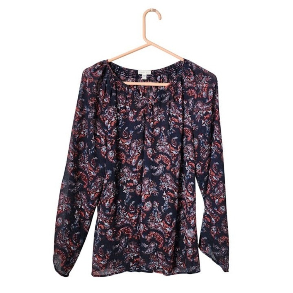 GARNET HILL Silk Paisley Print Peasant Blouse Navy Boho Size XS